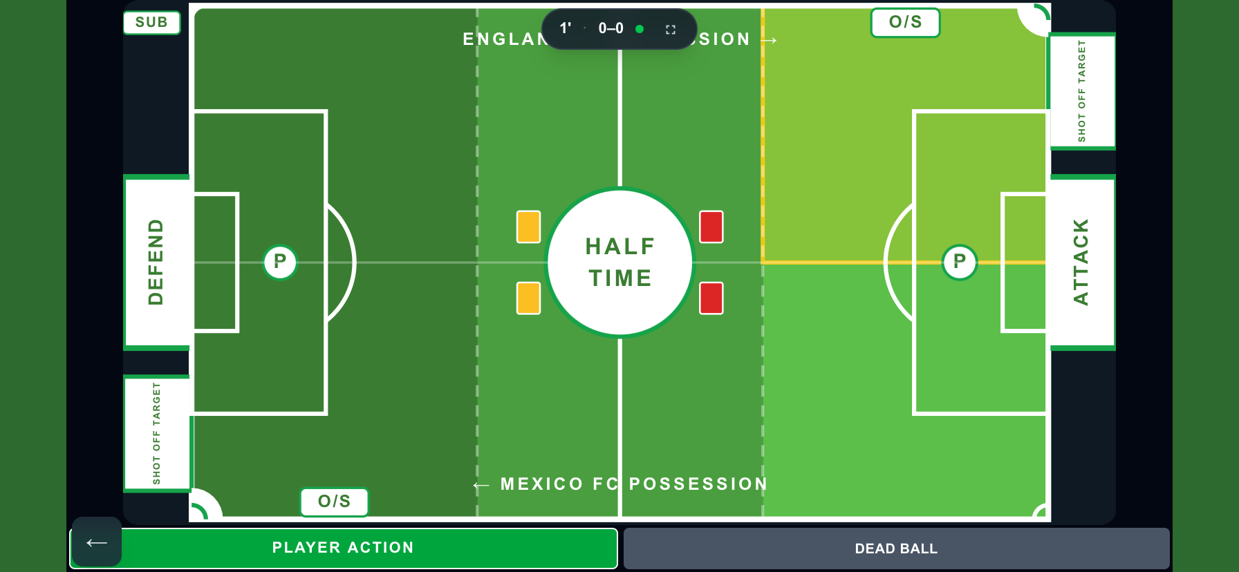 Landscape Stat Catcher live recorder showing the whole pitch with action zones
