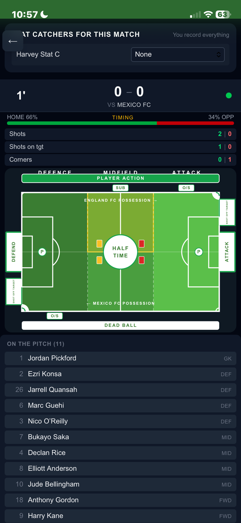 Stat Catcher tap-only live match recorder with pitch zones and event list